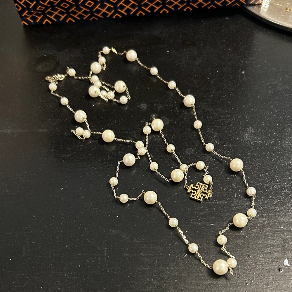 Tory Burch 36” Kira Elegant Pearl Necklace with Gold Accents